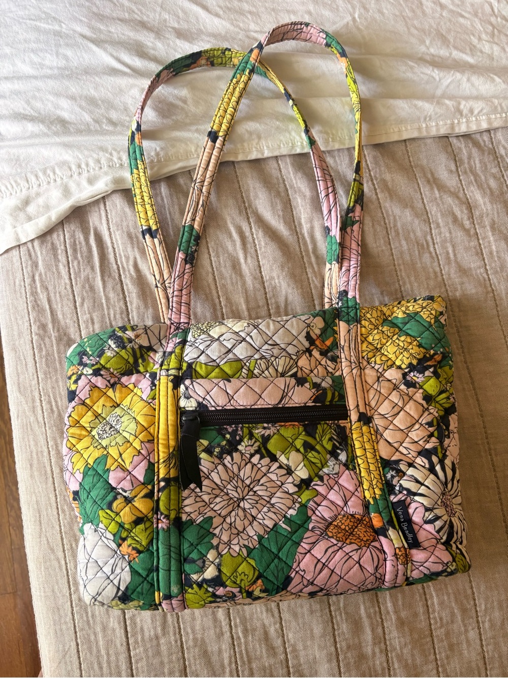 Vera Bradley Quilted Floral Tote in Green, Yellow & Pink